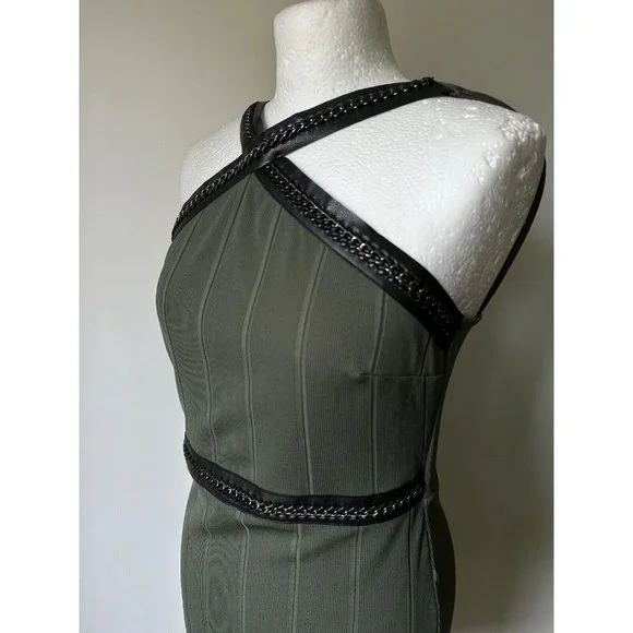 Topshop Olive Green Rib Bodycon Dress size  4, 6, 8, 10, 12, 14, 16 chain detail - Picture 2 of 4